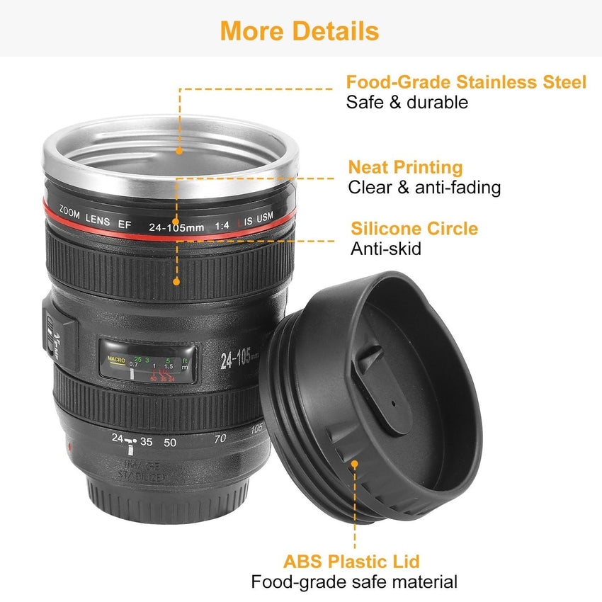 Camera Lens Coffee Mug Cup 13.6oz Food - Grade Stainless Steel Travel Photography Insulated Mug for All Ages - 7DAY'S