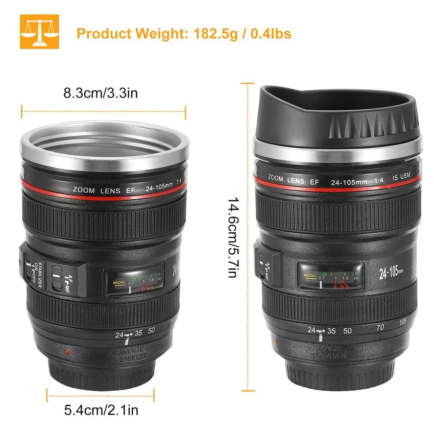 Camera Lens Coffee Mug Cup 13.6oz Food - Grade Stainless Steel Travel Photography Insulated Mug for All Ages - 7DAY'S