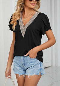 Cap Sleeve Summer Tops for Women Trendy Floral Print Casual V Neck T Shirts Petal Sleeve Blouses - 7DAY'S