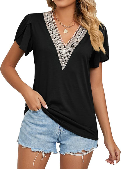 Cap Sleeve Summer Tops for Women Trendy Floral Print Casual V Neck T Shirts Petal Sleeve Blouses - 7DAY'S