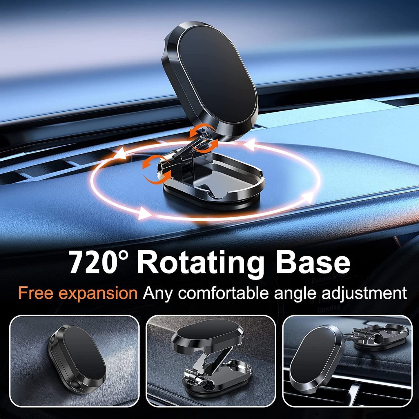 Car Phone Holder, 720 - Degree Adjustable Swivel and Foldable, Alloy Folding Magnetic Bracket, Compatible with All Smartphones, Black - 7DAY'S