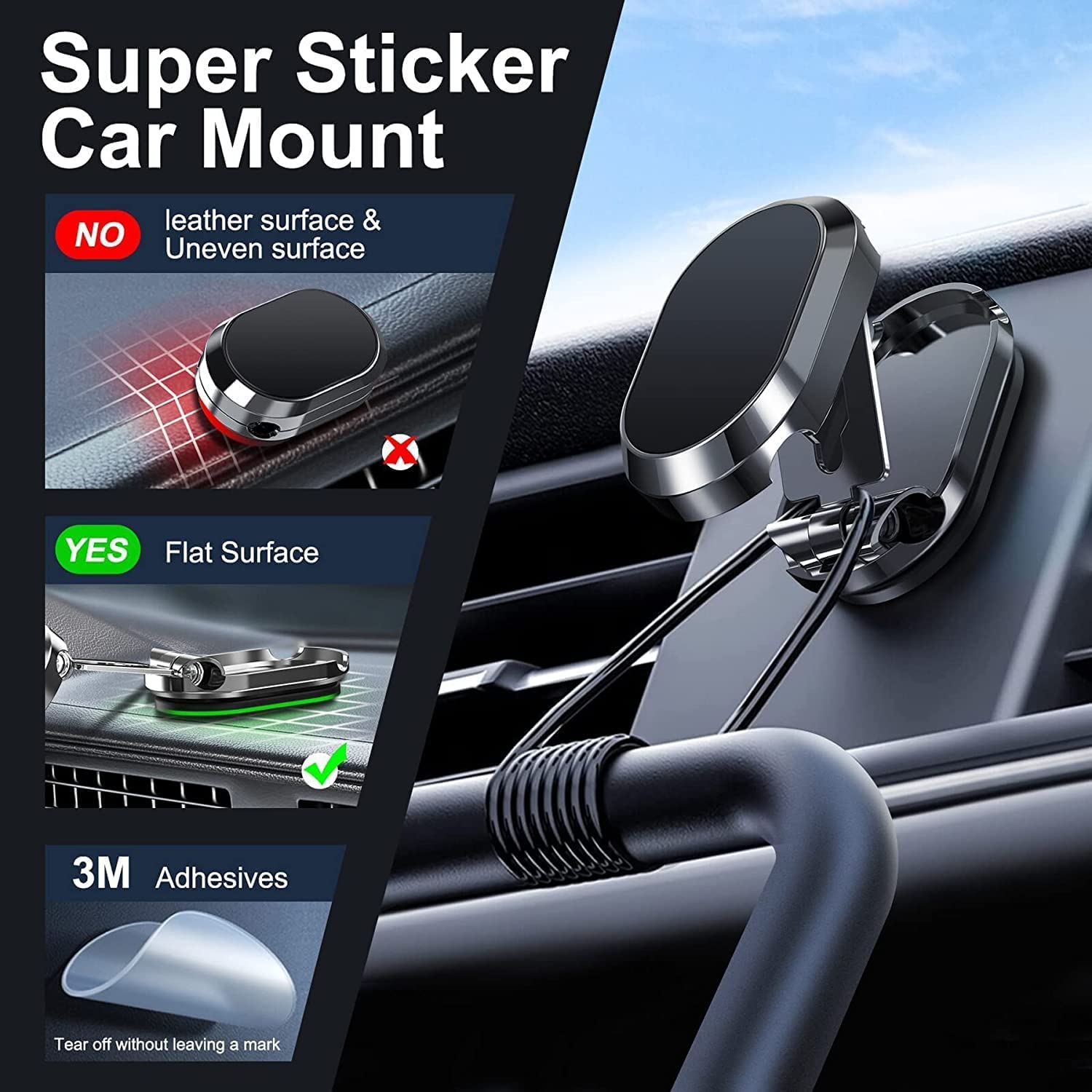 Car Phone Holder, 720 - Degree Adjustable Swivel and Foldable, Alloy Folding Magnetic Bracket, Compatible with All Smartphones, Black - 7DAY'S
