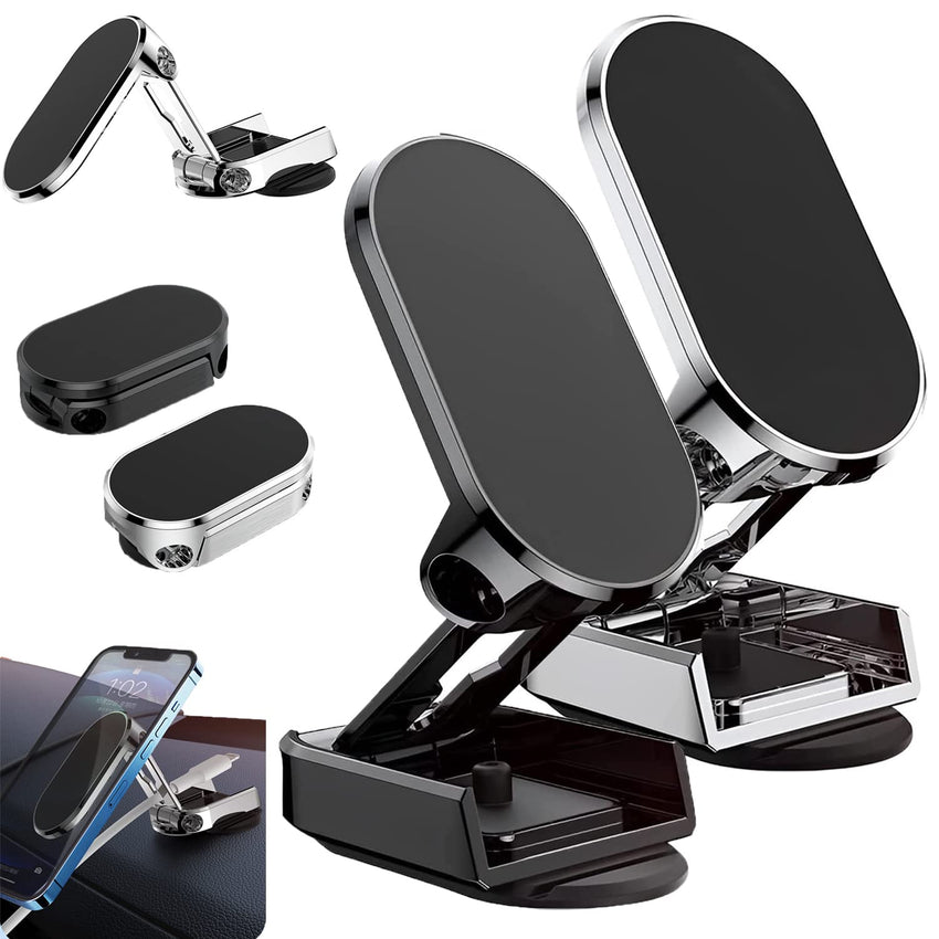 Car Phone Holder, 720 - Degree Adjustable Swivel and Foldable, Alloy Folding Magnetic Bracket, Compatible with All Smartphones, Black - 7DAY'S