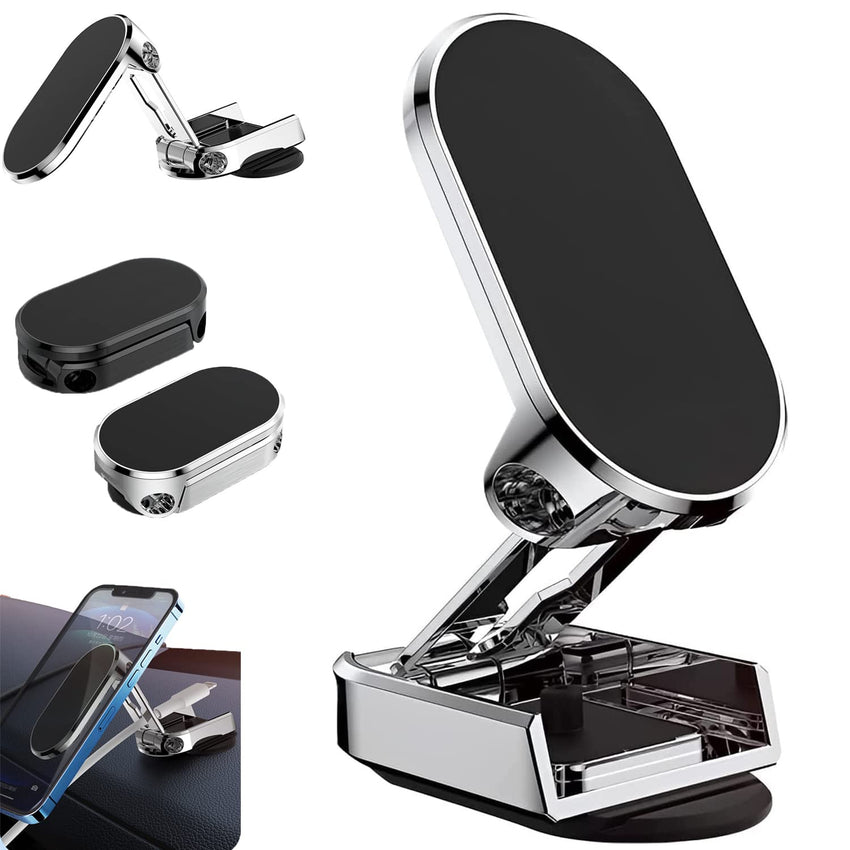 Car Phone Holder, 720 - Degree Adjustable Swivel and Foldable, Alloy Folding Magnetic Bracket, Compatible with All Smartphones, Black - 7DAY'S