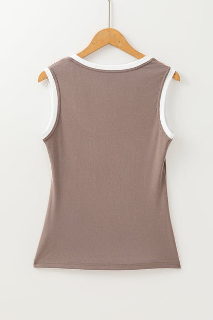 Carbon Grey Ribbed Knit Contrast Edge U Neck Slim Fit Tank Top - 7DAY'S