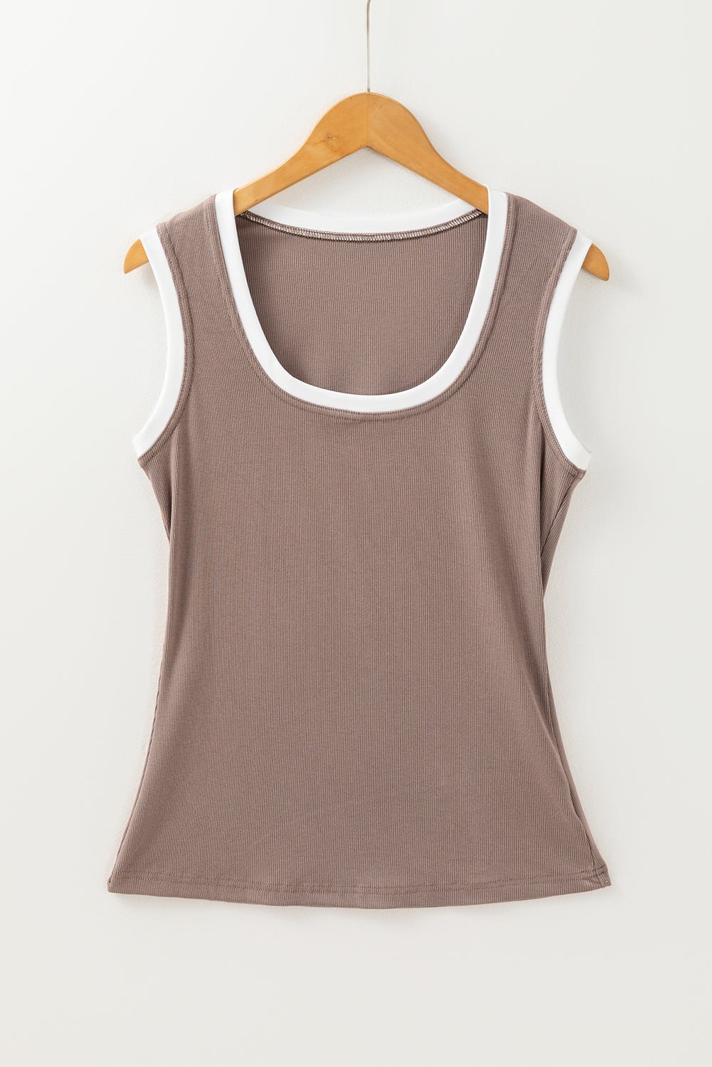 Carbon Grey Ribbed Knit Contrast Edge U Neck Slim Fit Tank Top - 7DAY'S
