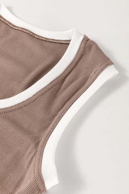 Carbon Grey Ribbed Knit Contrast Edge U Neck Slim Fit Tank Top - 7DAY'S