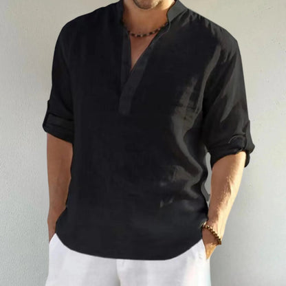 Casual Men Loose Shirt Autumn Shirt Fashion Stand Up Collar Cotton Long Sleeve Solid Color Stock 2023 Men Clothes - 7DAY'S