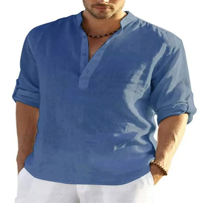 Casual Men Loose Shirt Autumn Shirt Fashion Stand Up Collar Cotton Long Sleeve Solid Color Stock 2023 Men Clothes - 7DAY'S