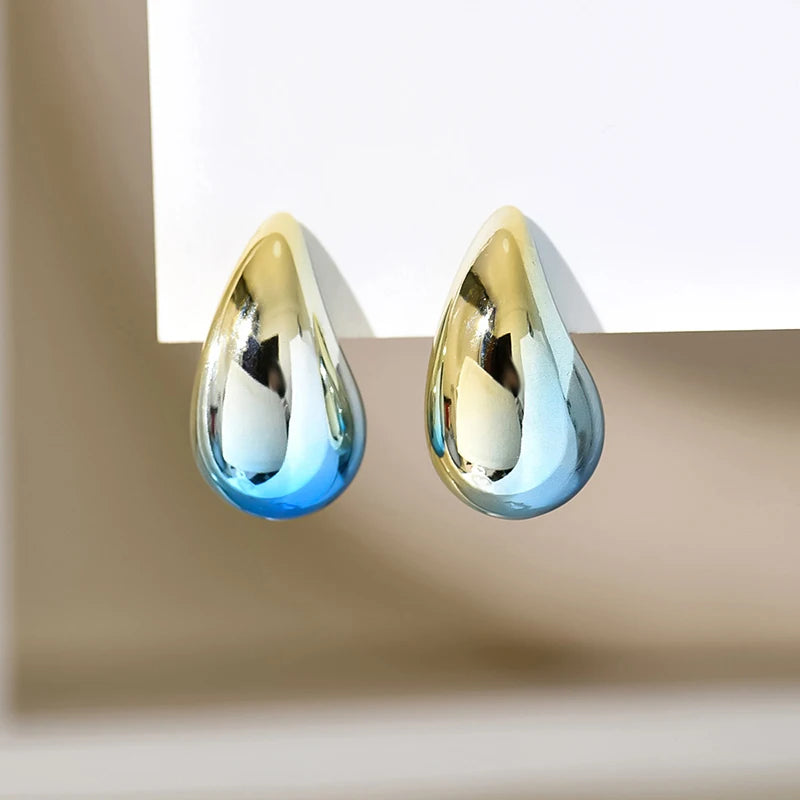 New 2PC/set Gradient Waterdrop Hoop Earrings Dupes for Women Thick Metallic Colorful Tear Drop Earring Lightweight Jewelry Gifts