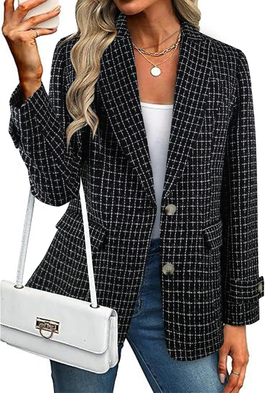 CCTOO Womens Tweed Blazers Casual Jackets Long Sleeve Oversized Open Front Plaid Blazer Jackets Work Suits with Pockets - 7DAY'S