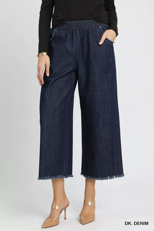 Umgee Washed Fringe Hem Wide Leg Jeans
