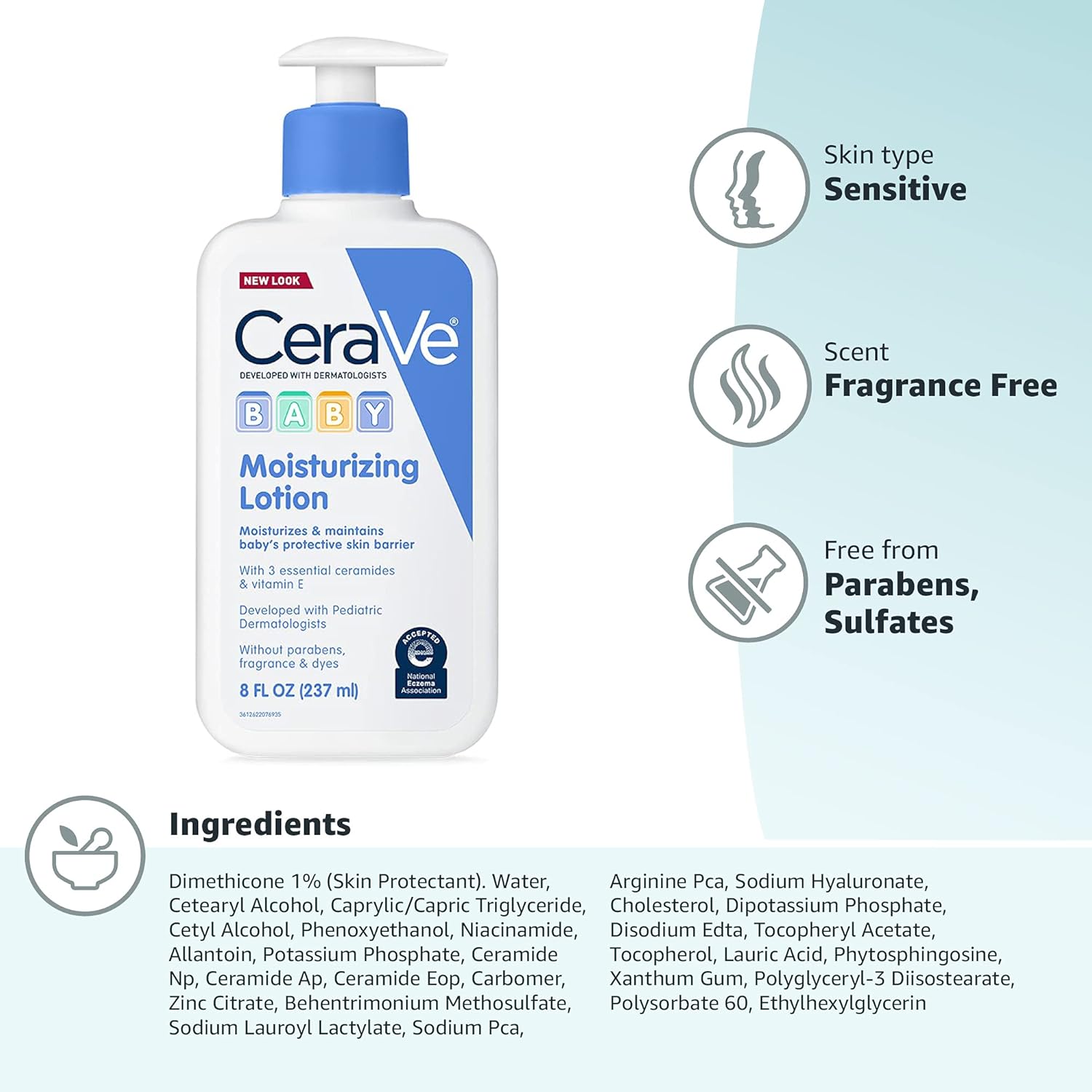 CeraVe Baby Lotion, Gentle Baby Skin Care with Ceramides, Niacinamide & Vitamin E, Fragrance, Paraben, Dye & Phthalates Free, Lightweight Moisturizer, 8 Ounce, Packaging May Vary - 7DAY'S