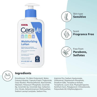 CeraVe Baby Lotion, Gentle Baby Skin Care with Ceramides, Niacinamide & Vitamin E, Fragrance, Paraben, Dye & Phthalates Free, Lightweight Moisturizer, 8 Ounce, Packaging May Vary - 7DAY'S