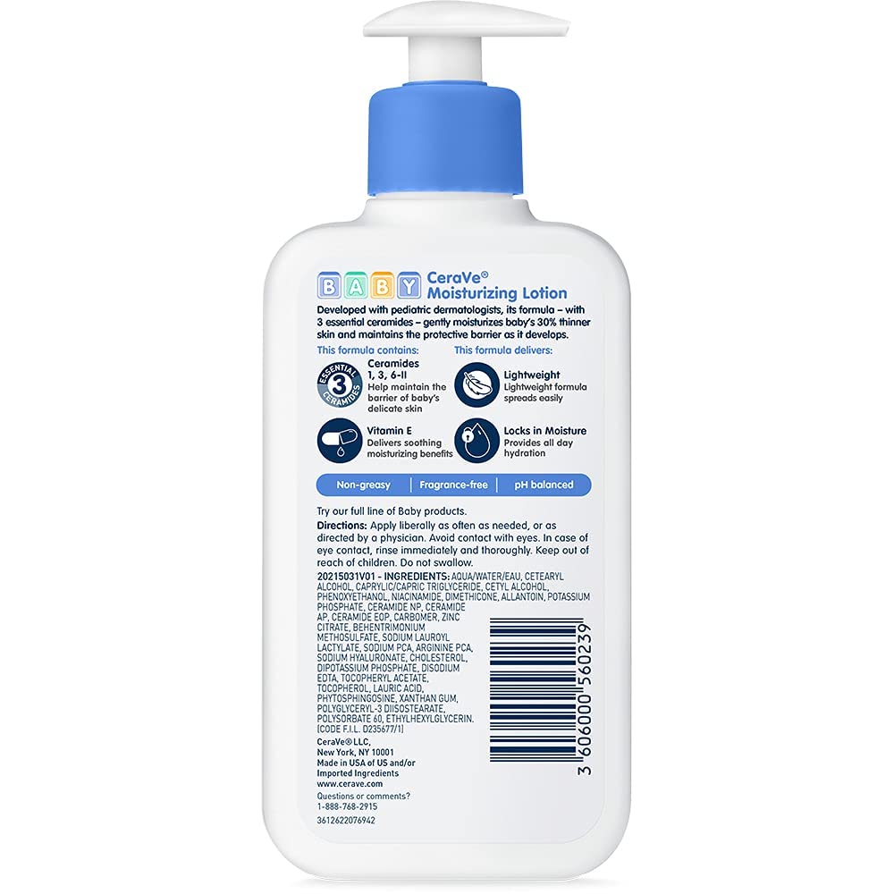 CeraVe Baby Lotion, Gentle Baby Skin Care with Ceramides, Niacinamide & Vitamin E, Fragrance, Paraben, Dye & Phthalates Free, Lightweight Moisturizer, 8 Ounce, Packaging May Vary - 7DAY'S