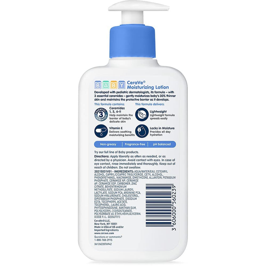 CeraVe Baby Lotion, Gentle Baby Skin Care with Ceramides, Niacinamide & Vitamin E, Fragrance, Paraben, Dye & Phthalates Free, Lightweight Moisturizer, 8 Ounce, Packaging May Vary - 7DAY'S