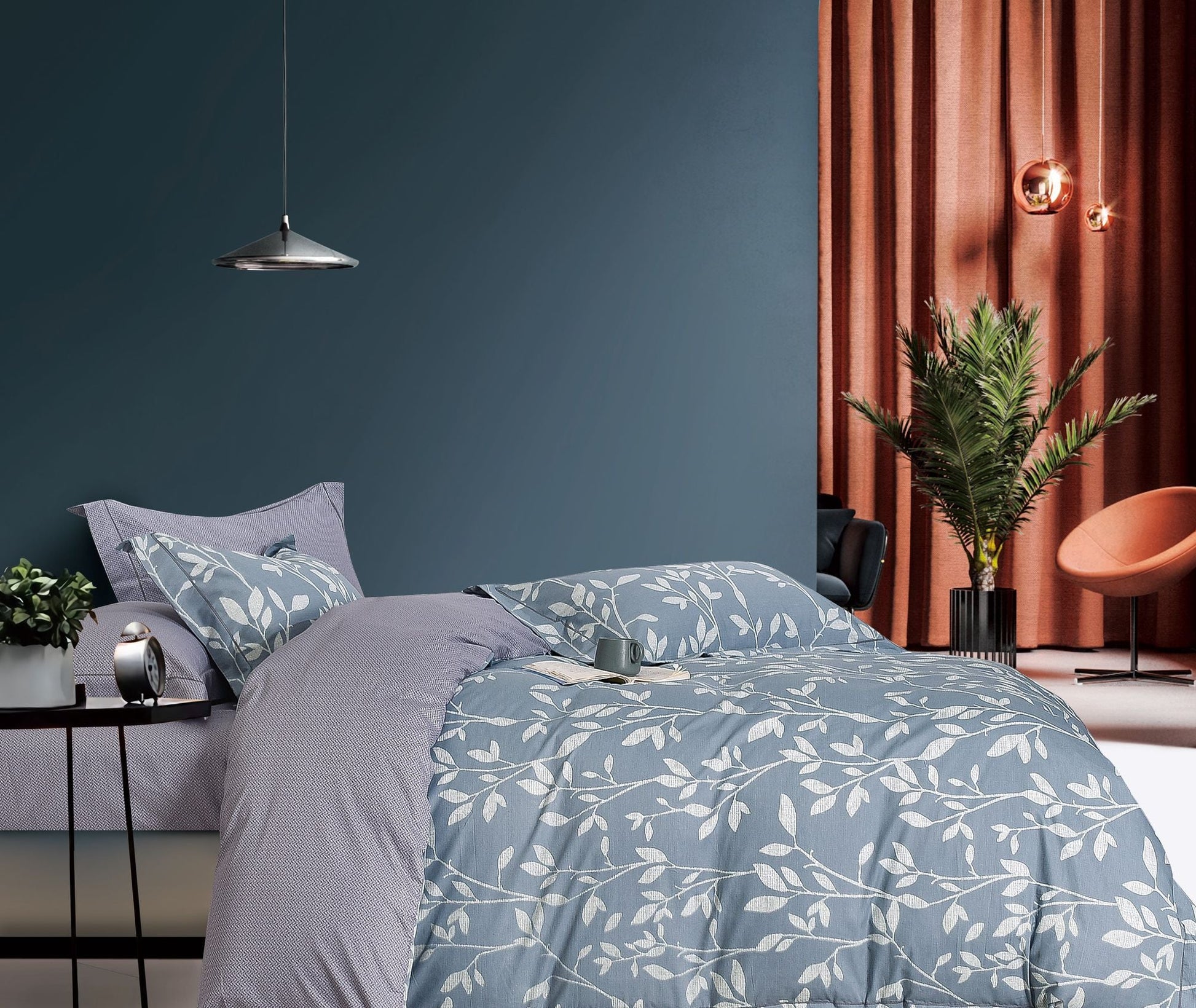 Charlotte Gray/Blue Floral 3 pcs 100% Cotton Comforter Set - 7DAY'S