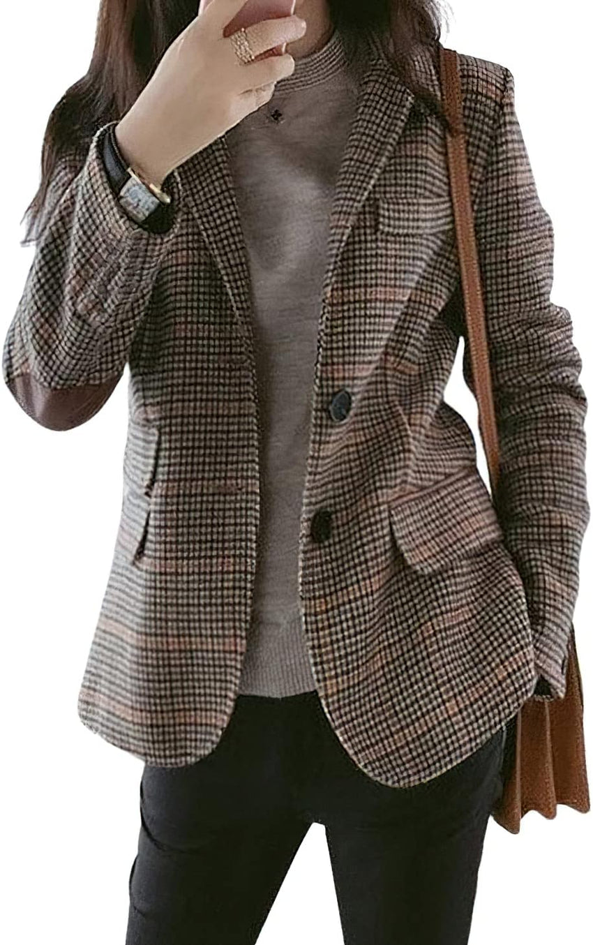 CHARTOU Women's Chic Lapel Collar Plaid 2 - Button Business Work Office Blazer Suit Jacket - 7DAY'S