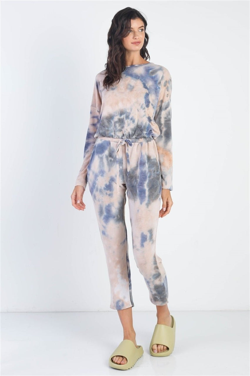 Cherish Apparel Tie - Dye Round Neck Long Sleeve Jumpsuit - 7DAY'S