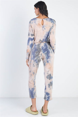 Cherish Apparel Tie - Dye Round Neck Long Sleeve Jumpsuit - 7DAY'S