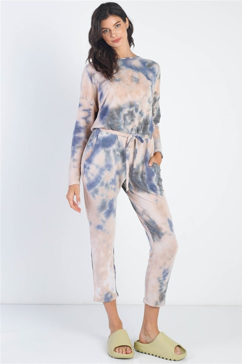 Cherish Apparel Tie - Dye Round Neck Long Sleeve Jumpsuit - 7DAY'S