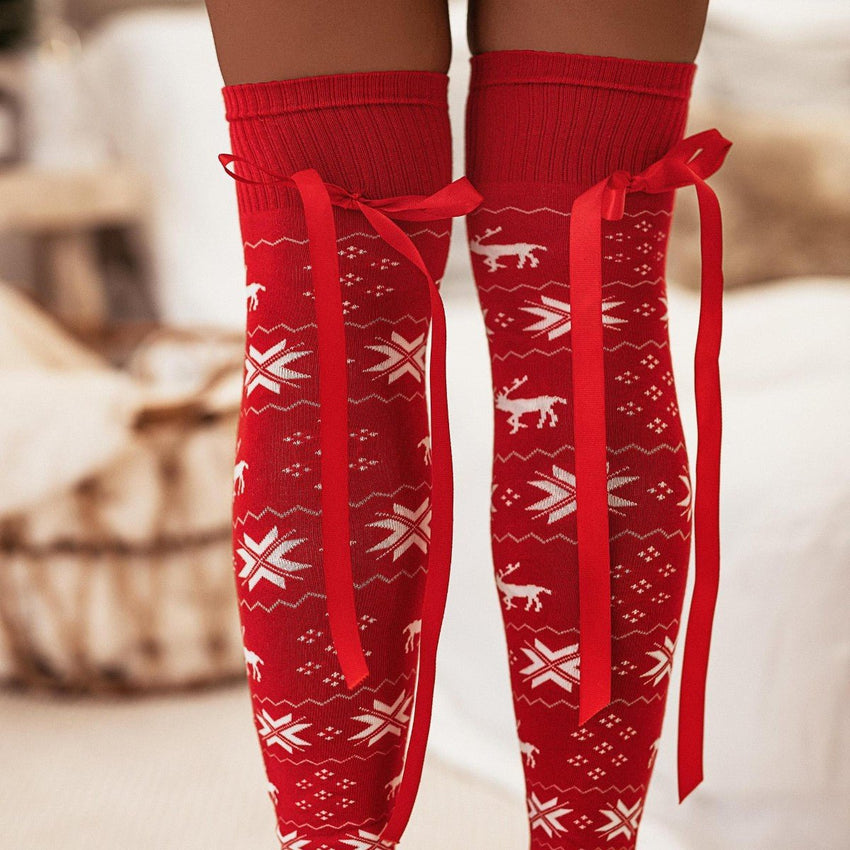 Christmas Element Bowknot Ribbed Trim Over Knee Stockings - 7DAY'S