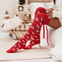 Christmas Element Bowknot Ribbed Trim Over Knee Stockings - 7DAY'S