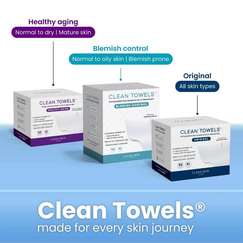 Clean Skin Club Clean Towels XL™, 100% USDA Biobased Face Towel, Disposable Face Towelette, Eczema Association Accepted, Makeup Remover Dry Wipes, Ultra Soft, 50 Ct, 1 Pack - 7DAY'S