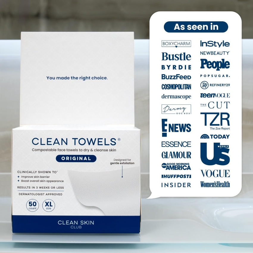 Clean Skin Club Clean Towels XL™, 100% USDA Biobased Face Towel, Disposable Face Towelette, Eczema Association Accepted, Makeup Remover Dry Wipes, Ultra Soft, 50 Ct, 1 Pack - 7DAY'S