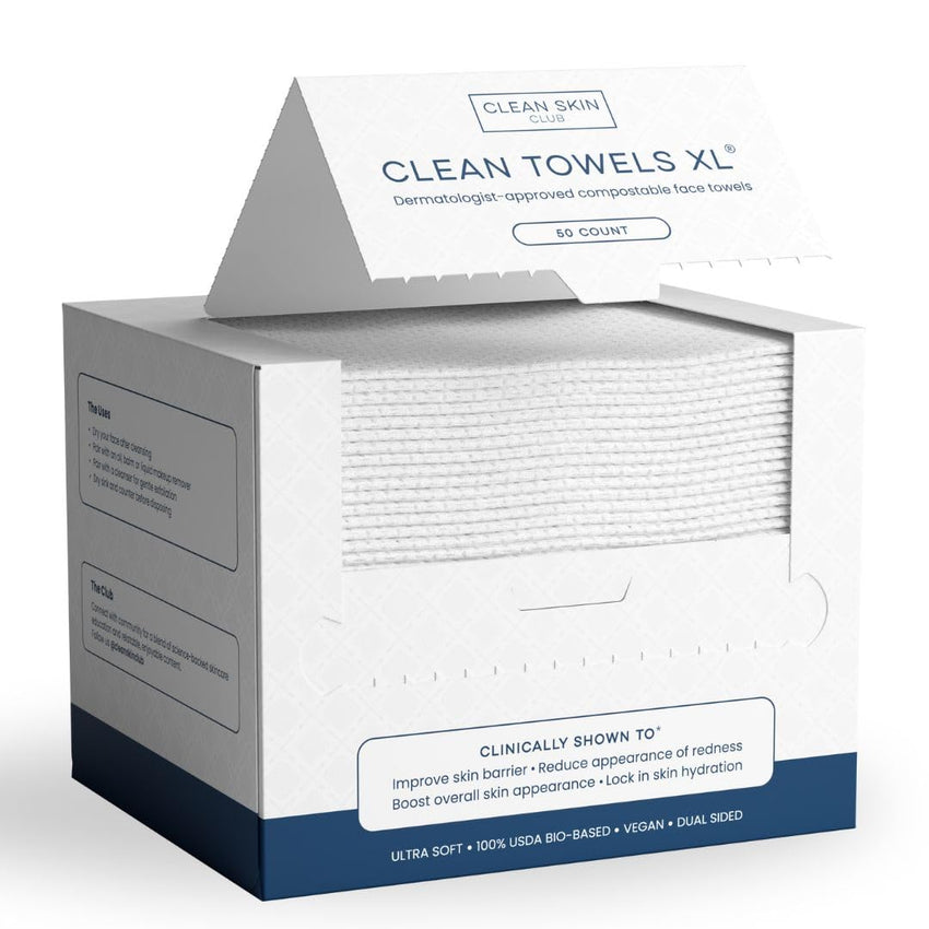 Clean Skin Club Clean Towels XL™, 100% USDA Biobased Face Towel, Disposable Face Towelette, Eczema Association Accepted, Makeup Remover Dry Wipes, Ultra Soft, 50 Ct, 1 Pack - 7DAY'S