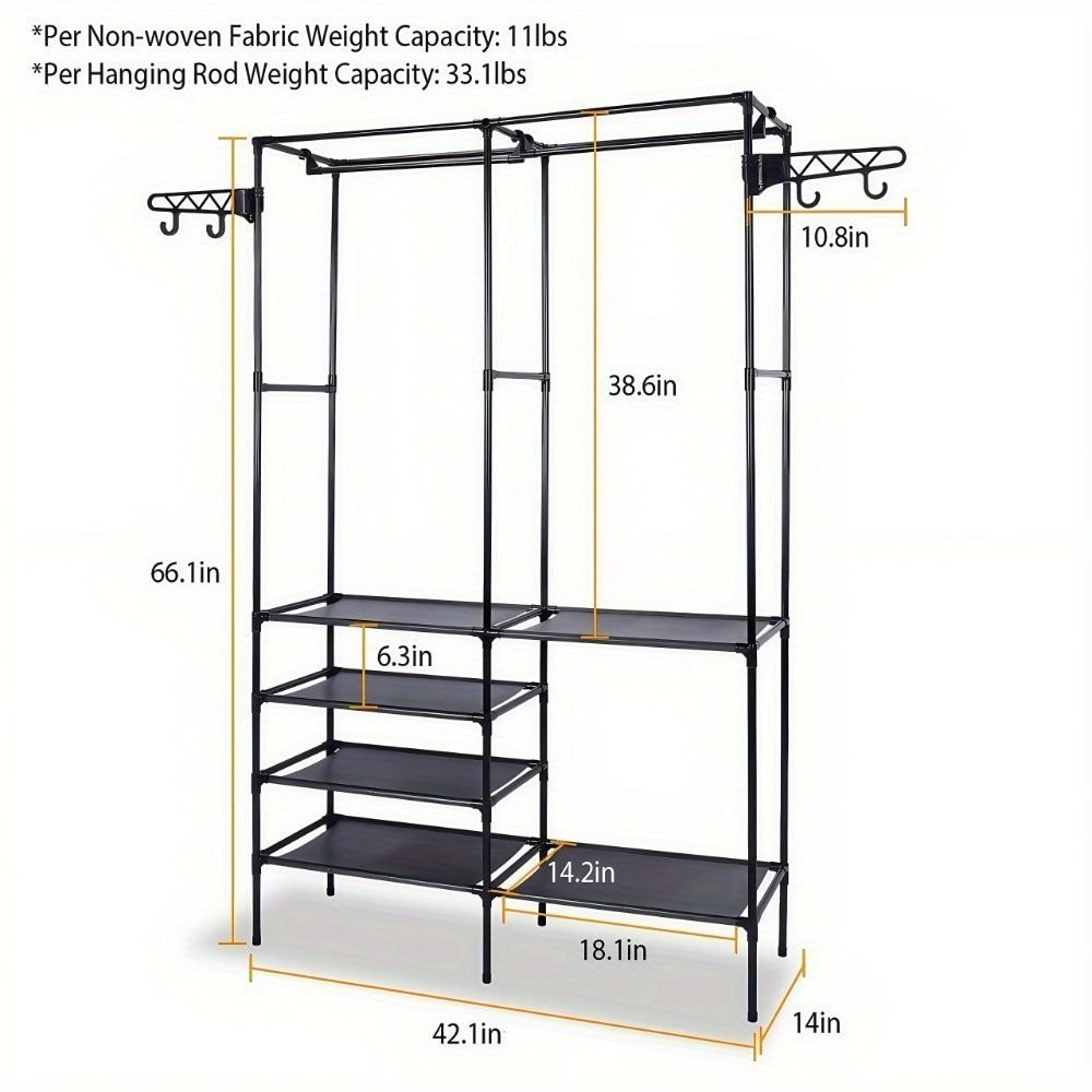 Clothing Rack Clothes Rack, 66'' Multifunctional Garment Rack for Hanging Clothes, 4 Tiers Portable Closet Rack with 4 Hooks & 2 Hanging Rods, Coated Metal Freestanding Closet Wardrobe System, Black - 7DAY'S