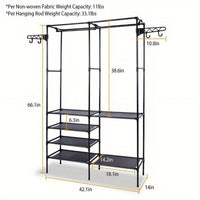 Clothing Rack Clothes Rack, 66'' Multifunctional Garment Rack for Hanging Clothes, 4 Tiers Portable Closet Rack with 4 Hooks & 2 Hanging Rods, Coated Metal Freestanding Closet Wardrobe System, Black - 7DAY'S