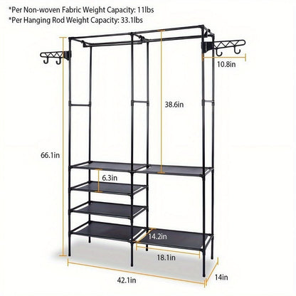Clothing Rack Clothes Rack, 66'' Multifunctional Garment Rack for Hanging Clothes, 4 Tiers Portable Closet Rack with 4 Hooks & 2 Hanging Rods, Coated Metal Freestanding Closet Wardrobe System, Black - 7DAY'S