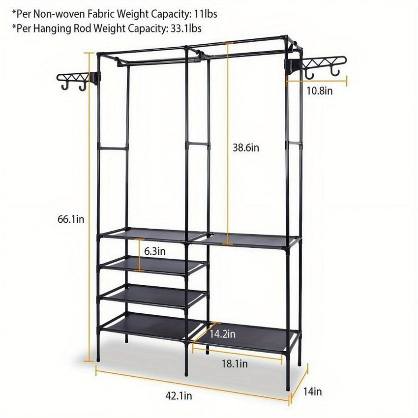 Clothing Rack Clothes Rack, 66'' Multifunctional Garment Rack for Hanging Clothes, 4 Tiers Portable Closet Rack with 4 Hooks & 2 Hanging Rods, Coated Metal Freestanding Closet Wardrobe System, Black - 7DAY'S