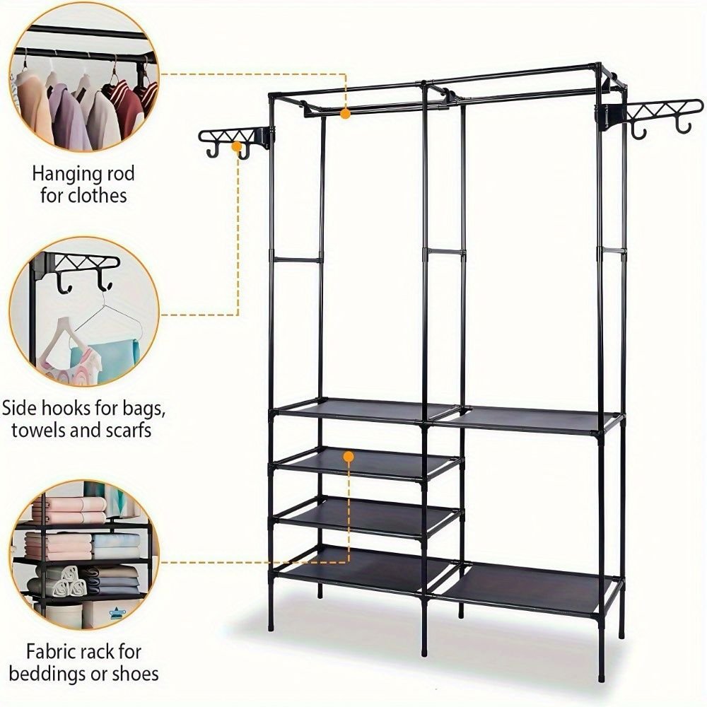 Clothing Rack Clothes Rack, 66'' Multifunctional Garment Rack for Hanging Clothes, 4 Tiers Portable Closet Rack with 4 Hooks & 2 Hanging Rods, Coated Metal Freestanding Closet Wardrobe System, Black - 7DAY'S