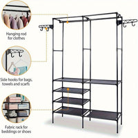 Clothing Rack Clothes Rack, 66'' Multifunctional Garment Rack for Hanging Clothes, 4 Tiers Portable Closet Rack with 4 Hooks & 2 Hanging Rods, Coated Metal Freestanding Closet Wardrobe System, Black - 7DAY'S