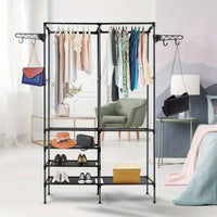 Clothing Rack Clothes Rack, 66'' Multifunctional Garment Rack for Hanging Clothes, 4 Tiers Portable Closet Rack with 4 Hooks & 2 Hanging Rods, Coated Metal Freestanding Closet Wardrobe System, Black - 7DAY'S