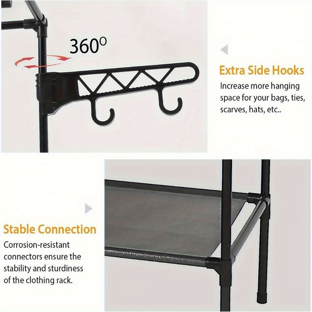 Clothing Rack Clothes Rack, 66'' Multifunctional Garment Rack for Hanging Clothes, 4 Tiers Portable Closet Rack with 4 Hooks & 2 Hanging Rods, Coated Metal Freestanding Closet Wardrobe System, Black - 7DAY'S