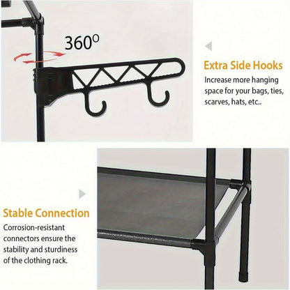 Clothing Rack Clothes Rack, 66'' Multifunctional Garment Rack for Hanging Clothes, 4 Tiers Portable Closet Rack with 4 Hooks & 2 Hanging Rods, Coated Metal Freestanding Closet Wardrobe System, Black - 7DAY'S