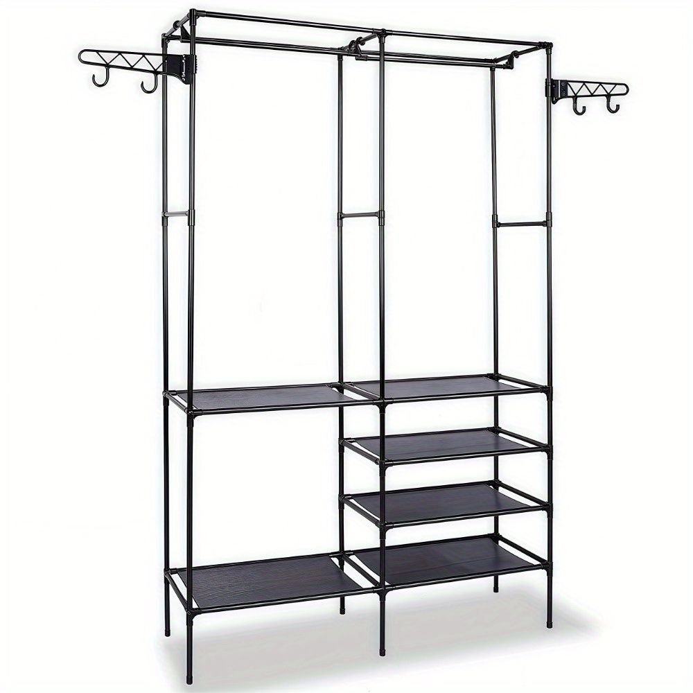 Clothing Rack Clothes Rack, 66'' Multifunctional Garment Rack for Hanging Clothes, 4 Tiers Portable Closet Rack with 4 Hooks & 2 Hanging Rods, Coated Metal Freestanding Closet Wardrobe System, Black - 7DAY'S