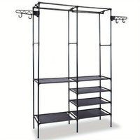 Clothing Rack Clothes Rack, 66'' Multifunctional Garment Rack for Hanging Clothes, 4 Tiers Portable Closet Rack with 4 Hooks & 2 Hanging Rods, Coated Metal Freestanding Closet Wardrobe System, Black - 7DAY'S