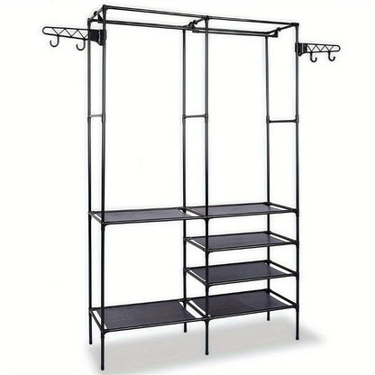 Clothing Rack Clothes Rack, 66'' Multifunctional Garment Rack for Hanging Clothes, 4 Tiers Portable Closet Rack with 4 Hooks & 2 Hanging Rods, Coated Metal Freestanding Closet Wardrobe System, Black - 7DAY'S
