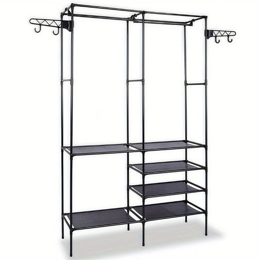 Clothing Rack Clothes Rack, 66'' Multifunctional Garment Rack for Hanging Clothes, 4 Tiers Portable Closet Rack with 4 Hooks & 2 Hanging Rods, Coated Metal Freestanding Closet Wardrobe System, Black - 7DAY'S