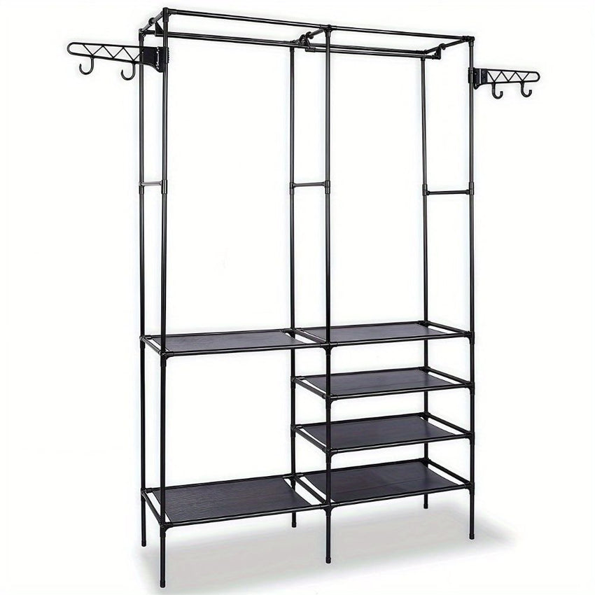 Clothing Rack Clothes Rack, 66'' Multifunctional Garment Rack for Hanging Clothes, 4 Tiers Portable Closet Rack with 4 Hooks & 2 Hanging Rods, Coated Metal Freestanding Closet Wardrobe System, Black - 7DAY'S