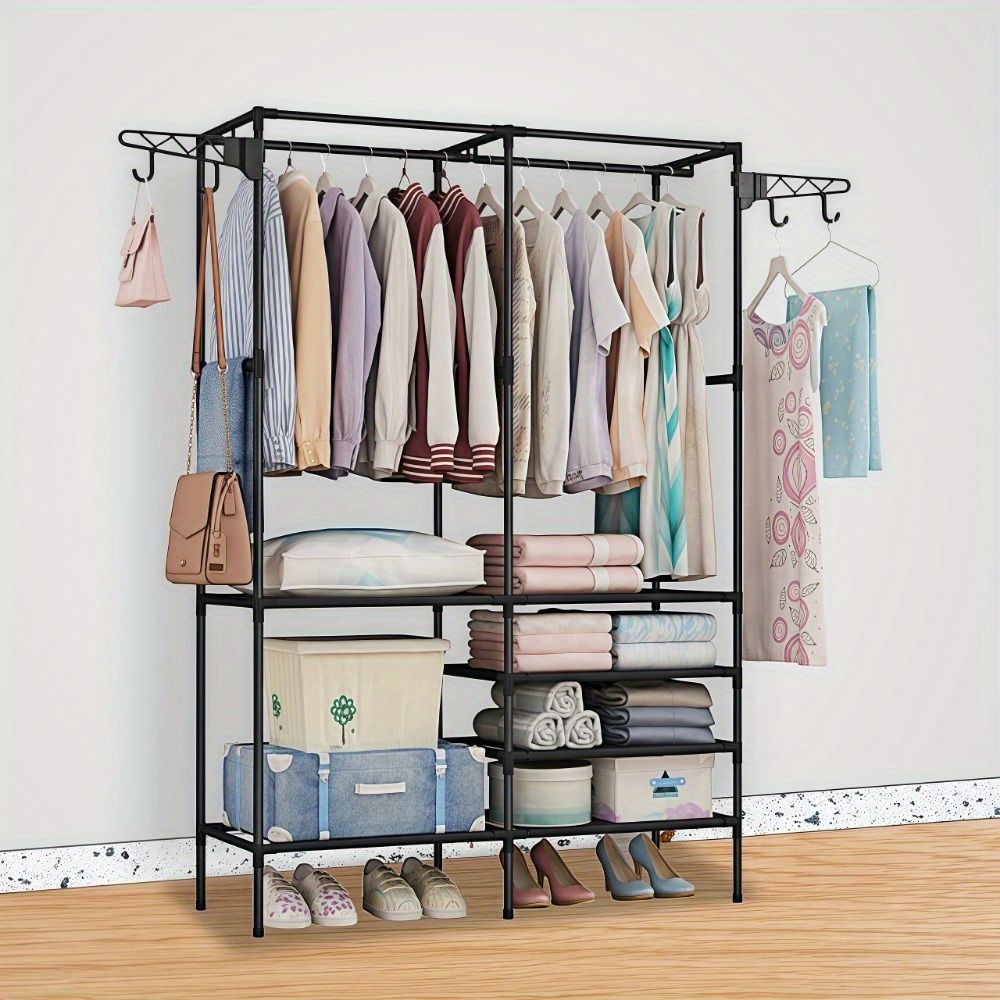Clothing Rack Clothes Rack, 66'' Multifunctional Garment Rack for Hanging Clothes, 4 Tiers Portable Closet Rack with 4 Hooks & 2 Hanging Rods, Coated Metal Freestanding Closet Wardrobe System, Black - 7DAY'S