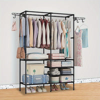 Clothing Rack Clothes Rack, 66'' Multifunctional Garment Rack for Hanging Clothes, 4 Tiers Portable Closet Rack with 4 Hooks & 2 Hanging Rods, Coated Metal Freestanding Closet Wardrobe System, Black - 7DAY'S