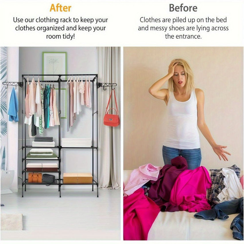 Clothing Rack Clothes Rack, 66'' Multifunctional Garment Rack for Hanging Clothes, 4 Tiers Portable Closet Rack with 4 Hooks & 2 Hanging Rods, Coated Metal Freestanding Closet Wardrobe System, Black - 7DAY'S