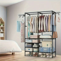 Clothing Rack Clothes Rack, 66'' Multifunctional Garment Rack for Hanging Clothes, 4 Tiers Portable Closet Rack with 4 Hooks & 2 Hanging Rods, Coated Metal Freestanding Closet Wardrobe System, Black - 7DAY'S