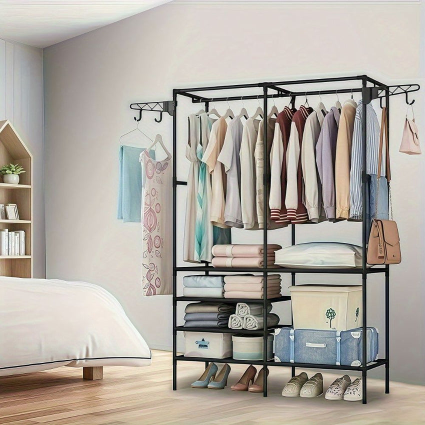 Clothing Rack Clothes Rack, 66'' Multifunctional Garment Rack for Hanging Clothes, 4 Tiers Portable Closet Rack with 4 Hooks & 2 Hanging Rods, Coated Metal Freestanding Closet Wardrobe System, Black - 7DAY'S