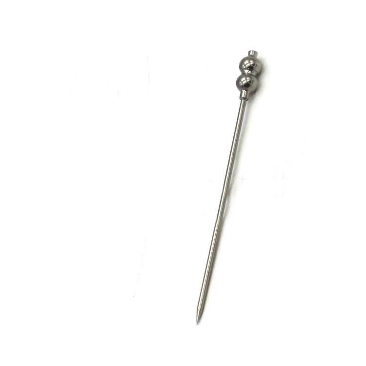Stainless steel cocktail pick with two decorative beads, ideal for appetizers and party drinks